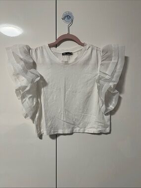 Zara NWOT White Short-Sleeve Cotton Top with Layered Ruffle Sleeves, Size M